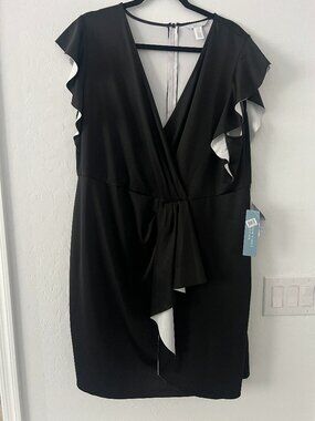 London Times Black Wrap Dress 16W NWT Ruffle Sleeve Cocktail Wedding Guest